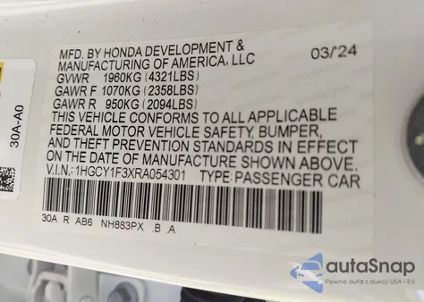 2024 Honda Accord Ex from USA, damaged, VIN 1HGCY1F3XRA054301
